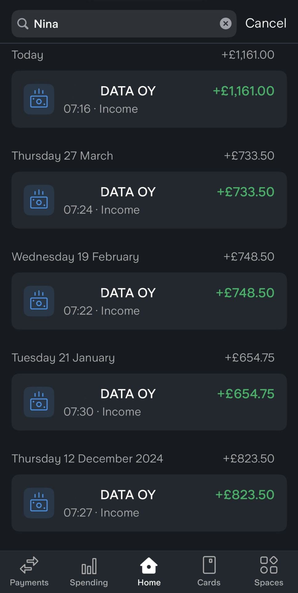 Bank app showing recurring income payments from a retainer client