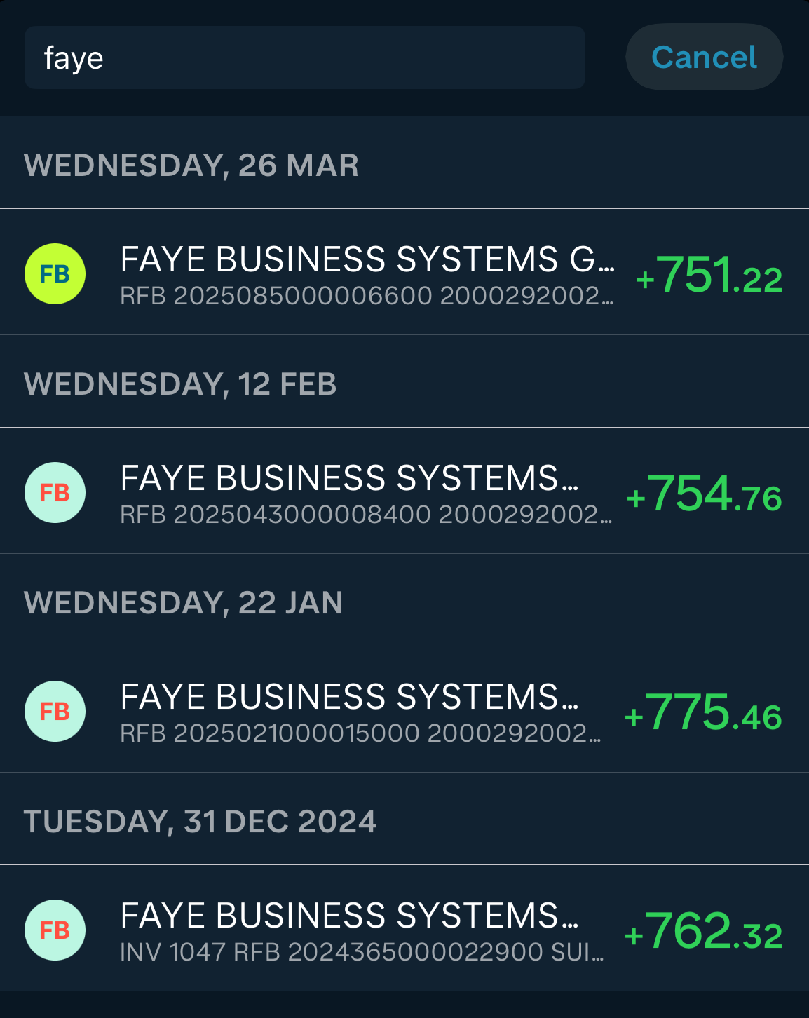 Bank statement showing recurring client payments from Faye Business Systems