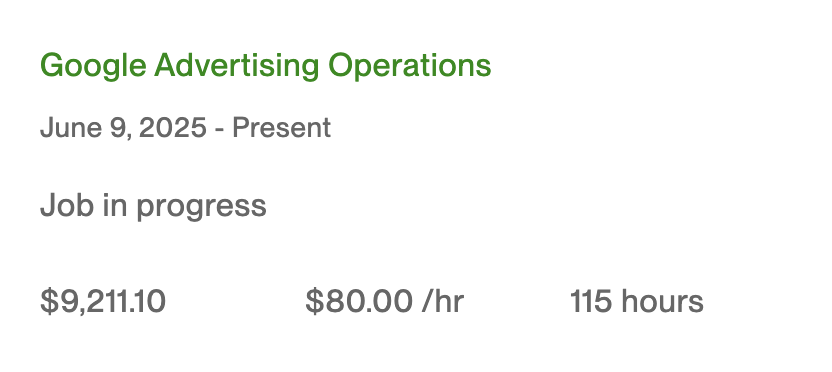 Upwork contract screenshot — $9,211.10 at $80/hour