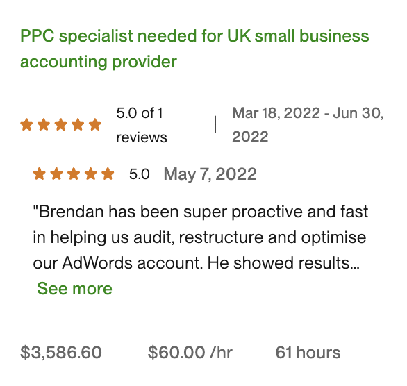 Upwork contract screenshot — $3,586.60 at $60/hour
