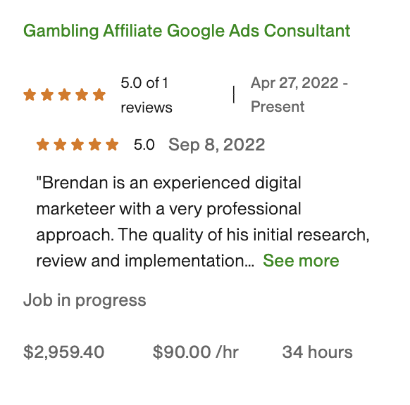 Upwork contract screenshot — $2,959.40 at $90/hour