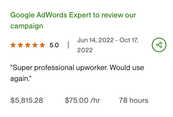 Upwork contract screenshot — $5,815.28 at $75/hour